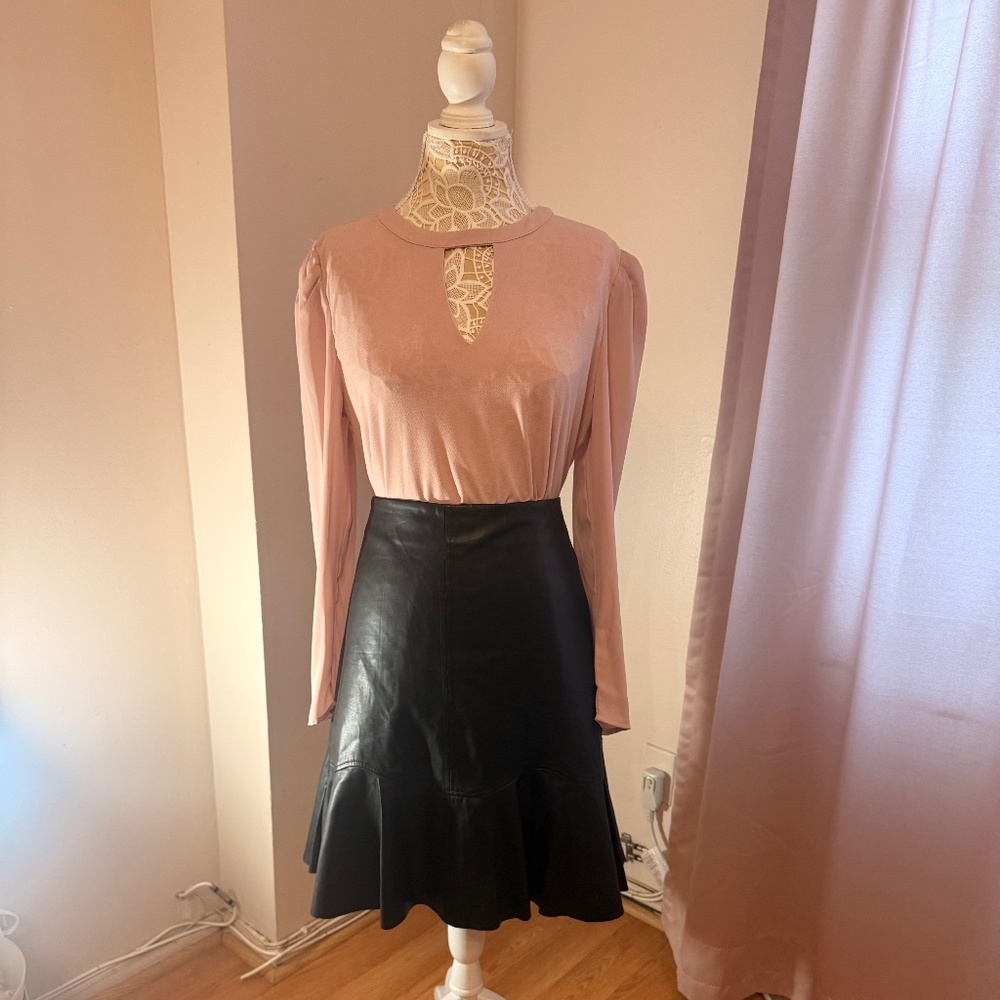 INC Blush long sleeve keyhole top and Ann Taylo faux leather skirt